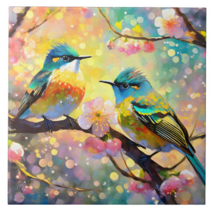 Kirschblüten-Fantasie-Sonnenaufgang-Singvögel Fliese