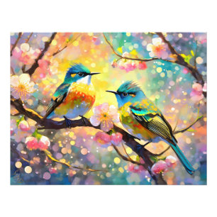 Kirschblüten-Fantasie-Sonnenaufgang-Singvögel Fotodruck
