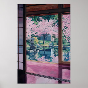 Kirschblüten-Garten-Kunstprint Japanisches Teehaus Poster