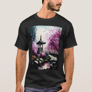 Kirschblüten Garten mit Schrein Teich Französische T-Shirt