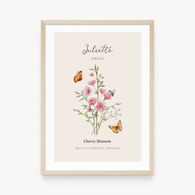 Kirschblüten-Geburtsmonatsblumenposter Poster (Example of cherry blossom birth flower poster once framed. )