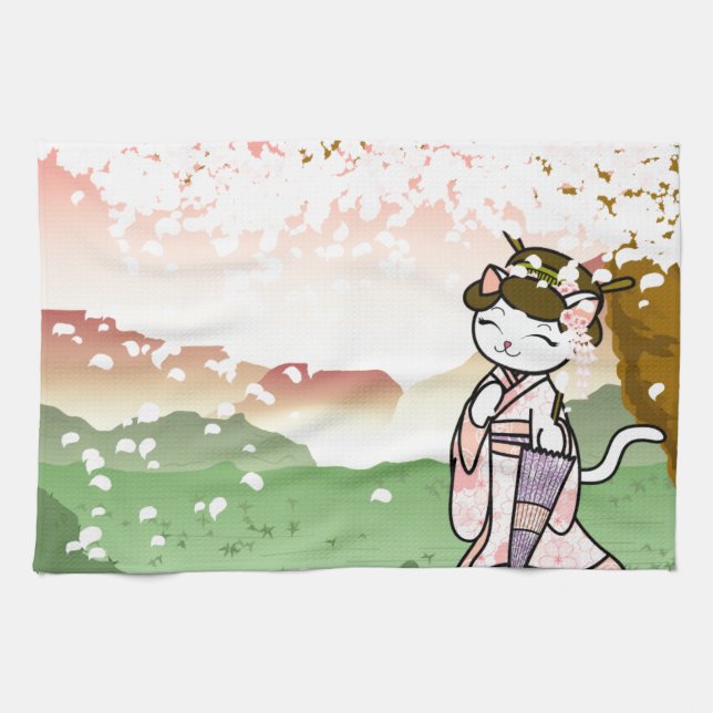 Kirschblüten-Geisha-Miezekatze Handtuch (Horizontal)