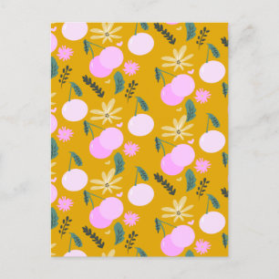 Kirschblüten Grünpflanzen Muster Gelb Pink Postkarte