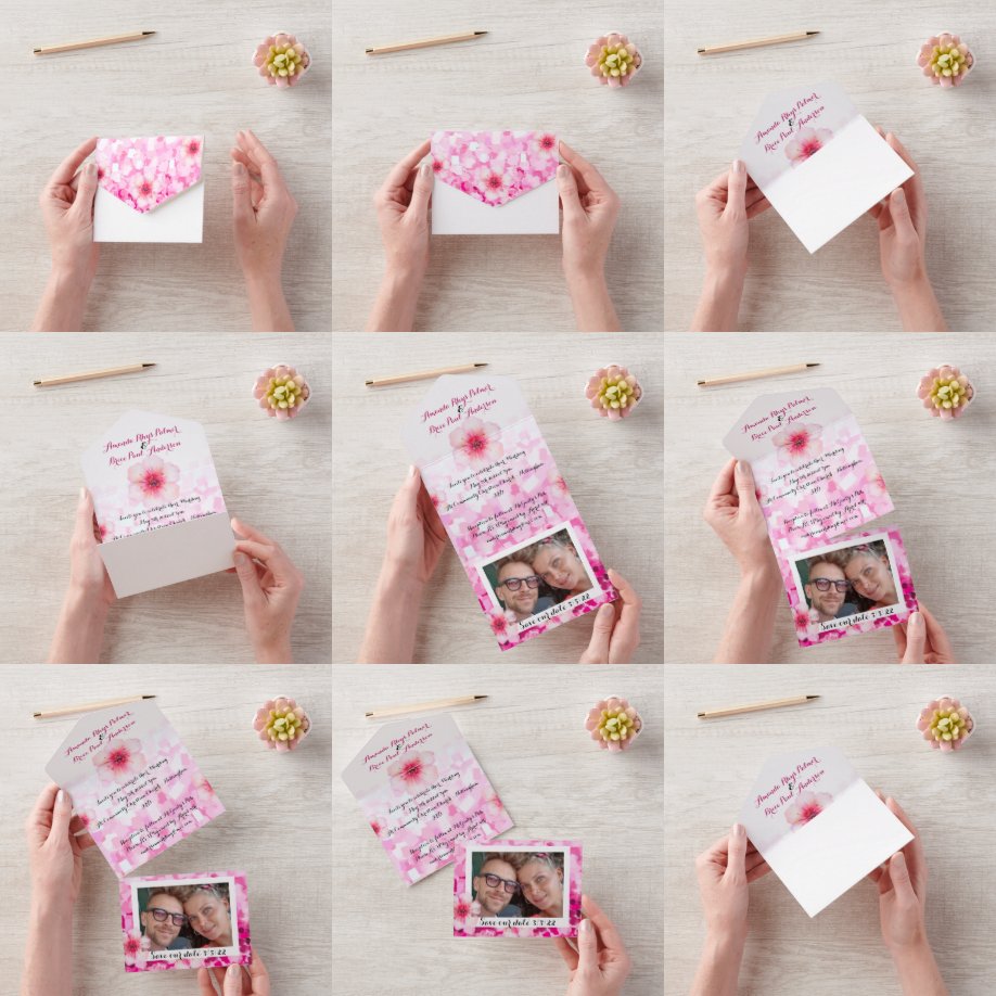 Kirschblüten-Hochzeitseinladung & Save-Date-Foto All In One Einladung