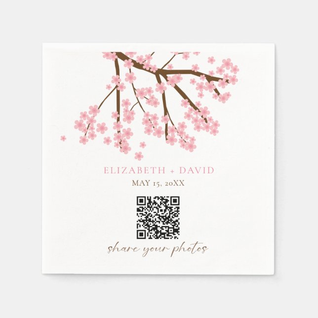 Kirschblüten-Hochzeitsfoto-Upload-QR-Code Serviette (Vorderseite)