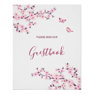 Kirschblüten-Hochzeitsgästebuch in Rosa und Weiß Poster