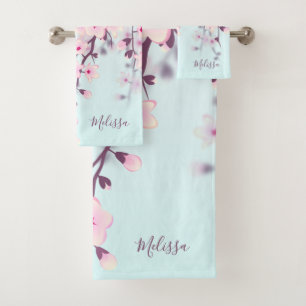 Kirschblüten Illustrative Landschaft Rosa Blau Badhandtuch Set