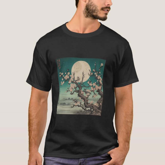Kirschblüten im Mondlicht Japanische Kunst T-Shirt (Vorderseite)