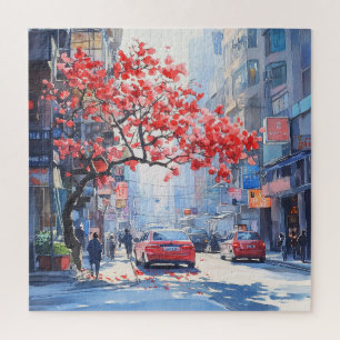 Kirschblüten in einer Stadtlandschaftsszene Puzzle