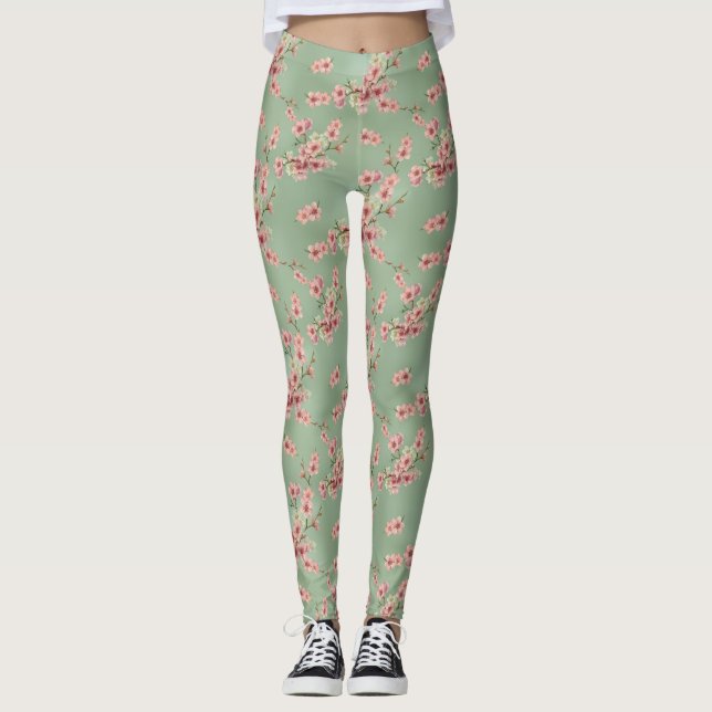 Kirschblüten in rosa und Aquamarin Leggings (Vorderseite)