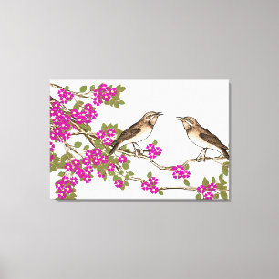 Kirschblüten in Rosa Vintage-Liebesvögel Leinwanddruck