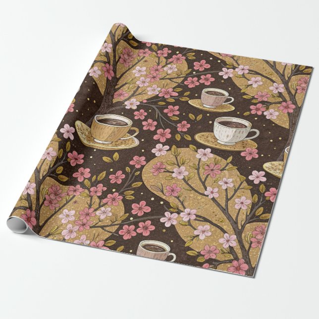Kirschblüten-Kaffeebecher-Muster (8) Geschenkpapier (Ungerollt)