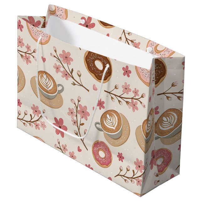 Kirschblüten-Kaffeekissen-Muster (3) Große Geschenktüte (Vorderseite Schrägansicht)