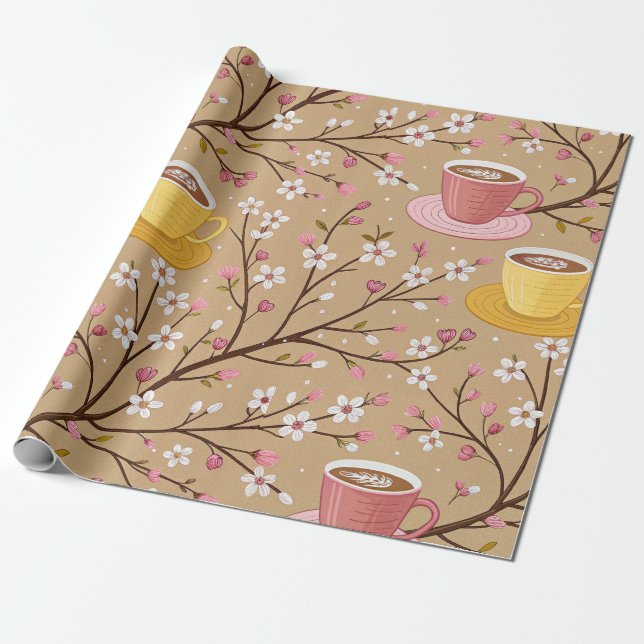 Kirschblüten-Kaffeekissen-Muster (4) Geschenkpapier (Ungerollt)