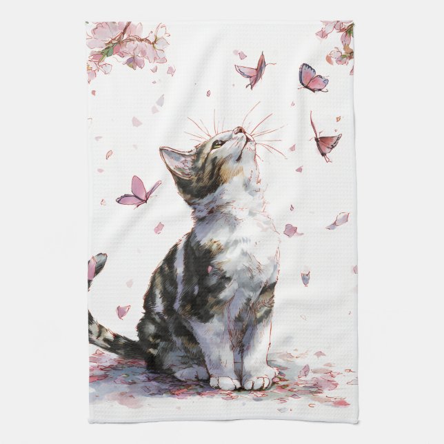 Kirschblüten-Katze und Schmetterlinge (10) Geschirrtuch (Vertikal)