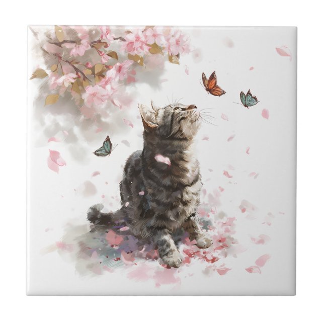 Kirschblüten-Katze und Schmetterlinge (11) Fliese (Vorderseite)