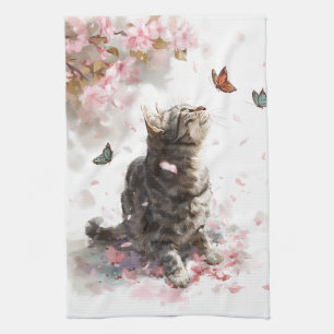 Kirschblüten-Katze und Schmetterlinge (11) Geschirrtuch