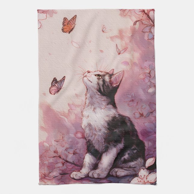 Kirschblüten-Katze und Schmetterlinge (2) Geschirrtuch (Vertikal)