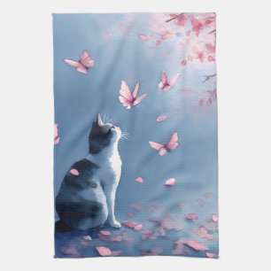 Kirschblüten-Katze und Schmetterlinge (4) Geschirrtuch