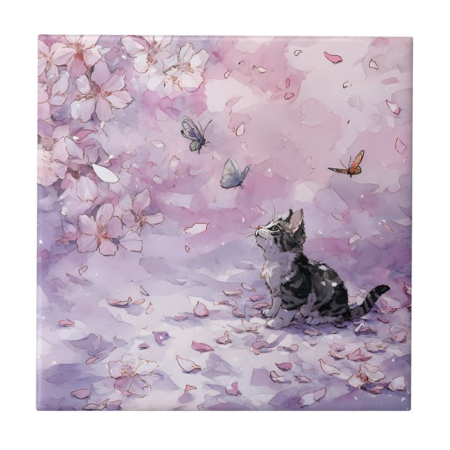 Kirschblüten-Katze und Schmetterlinge (5) Fliese (Vorderseite)