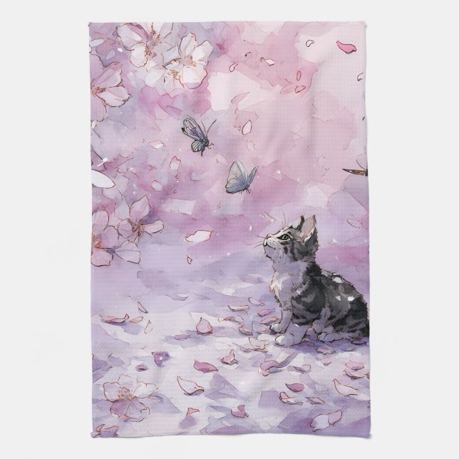 Kirschblüten-Katze und Schmetterlinge (5) Geschirrtuch (Vertikal)