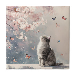 Kirschblüten-Katze und Schmetterlinge (6) Fliese