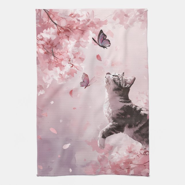Kirschblüten-Katze und Schmetterlinge (7) Geschirrtuch (Vertikal)