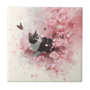 Kirschblüten-Katze und Schmetterlinge (8) Fliese