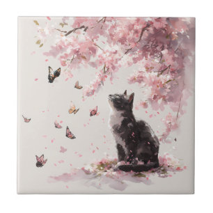 Kirschblüten-Katze und Schmetterlinge (9) Fliese