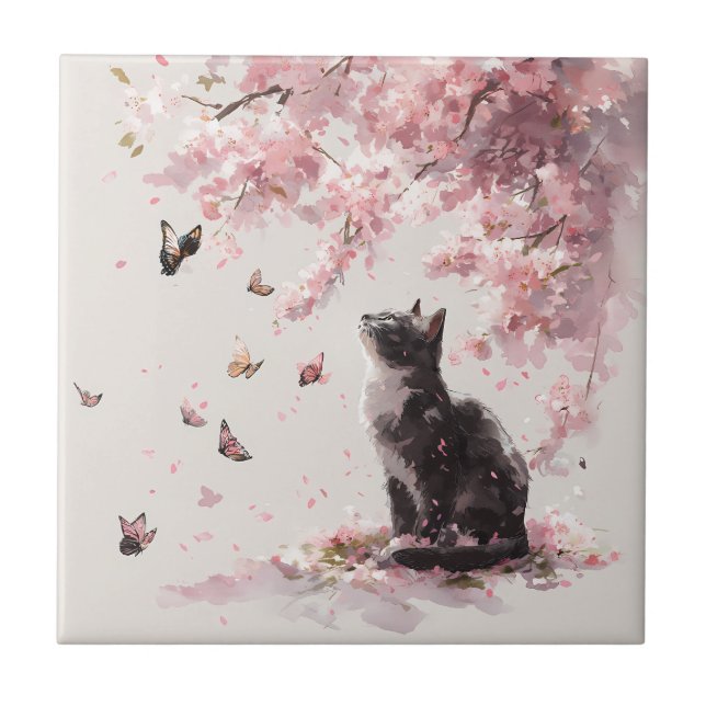 Kirschblüten-Katze und Schmetterlinge (9) Fliese (Vorderseite)
