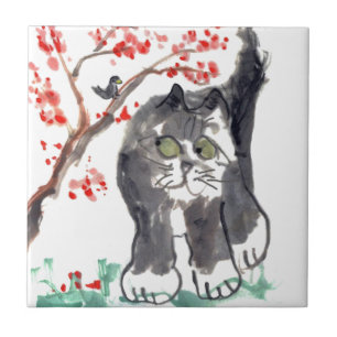 Kirschblüten-Katze und Vogel Fliese