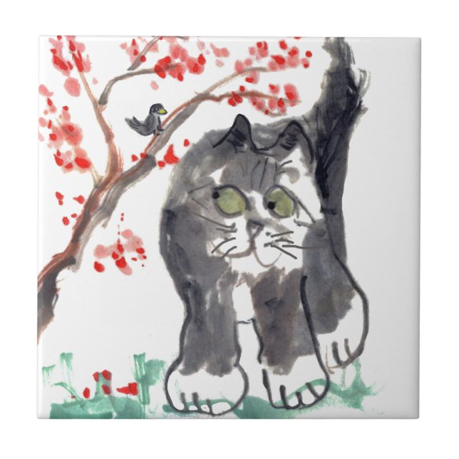 Kirschblüten-Katze und Vogel Fliese (Vorderseite)