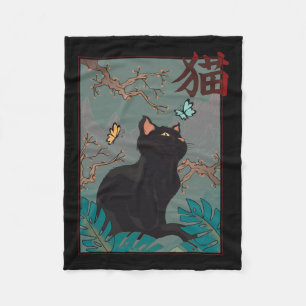 Kirschblüten-Katze Vintage-Holzschnitt Japanische Fleecedecke