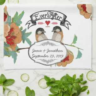 Kirschblüten-Liebesvogel-Pfirsich-Minze im Vintage Geschirrtuch