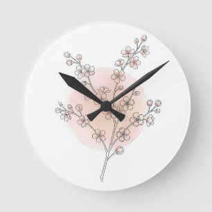 Kirschblüten-Linienkunst Rosa Pfirsich Aquarell Runde Wanduhr