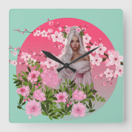 Kirschblüten-Mädchen-Wanduhr  Quadratische Wanduhr