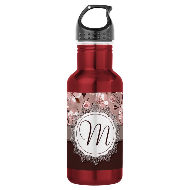 Kirschblüten mit Spitze-Monogramm Edelstahlflasche (Vorderseite)