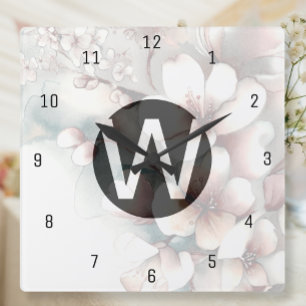 Kirschblüten-Monogramm-Wanduhr Quadratische Wanduhr