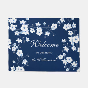 Kirschblüten Navy Blau Weiß Willkommen Fußmatte