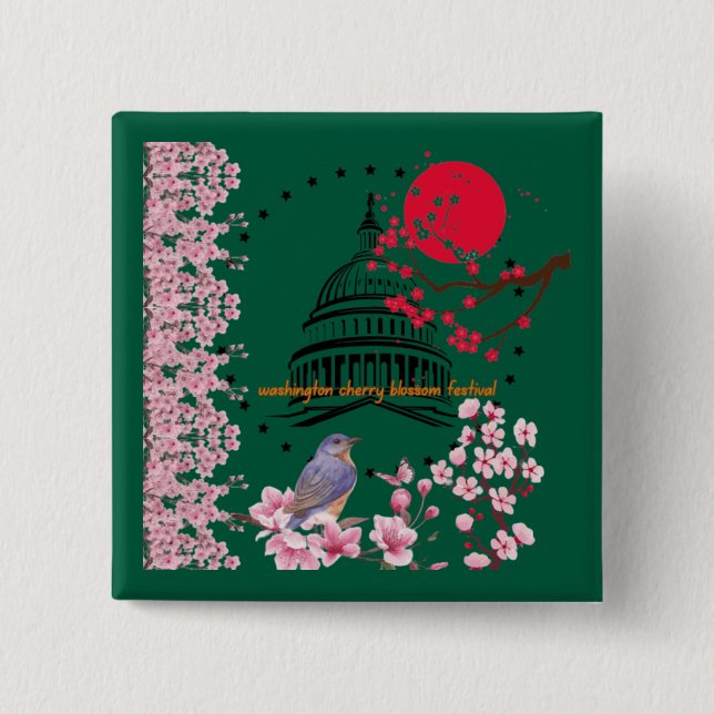 Kirschblüten-Regenfeier Waldgrün Button (Vorderseite)