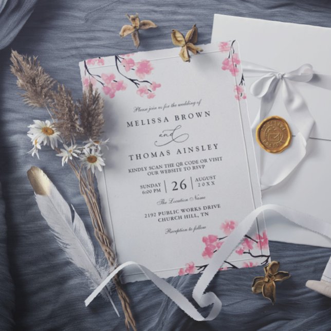 Kirschblüten Rosa Elegant Chic QR-Code Hochzeit Einladung (Von Creator hochgeladen)