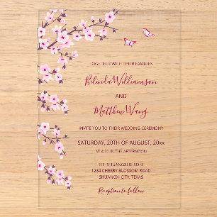 Kirschblüten-Rosa-Klare-Hochzeit Acryleinladungen