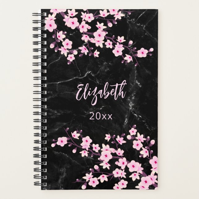 Kirschblüten Rosa Schwarzer Marmor Custom Planer (Vorderseite)