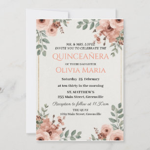 Kirschblüten Rosen Gold Schmetterlinge Quinceañera Einladung