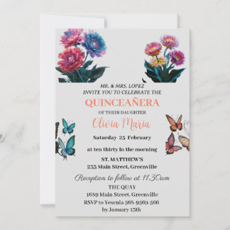 Kirschblüten Rosen Gold Schmetterlinge Quinceañera Einladung