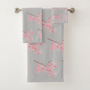 Kirschblüten-Sakura-Rosa-Blumen-Japanisch-Grau Badhandtuch Set