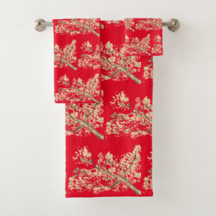 Kirschblüten-Sakura-Rot-Blumen-Japanisch-Weiß Badhandtuch Set