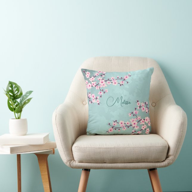 Kirschblüten Türkis Monogramm Kissen (Stuhl )