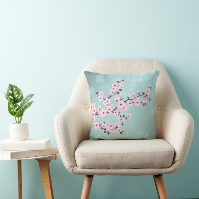 Kirschblüten Türkis Monogramm Kissen (Stuhl )