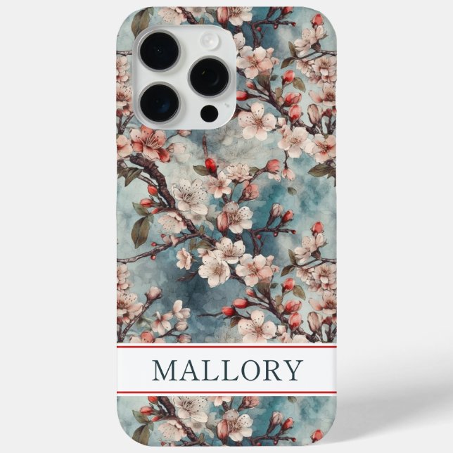 Kirschblüten Türkis Sakura Druck Monogrammiert Case-Mate iPhone Hülle (Rückseite)
